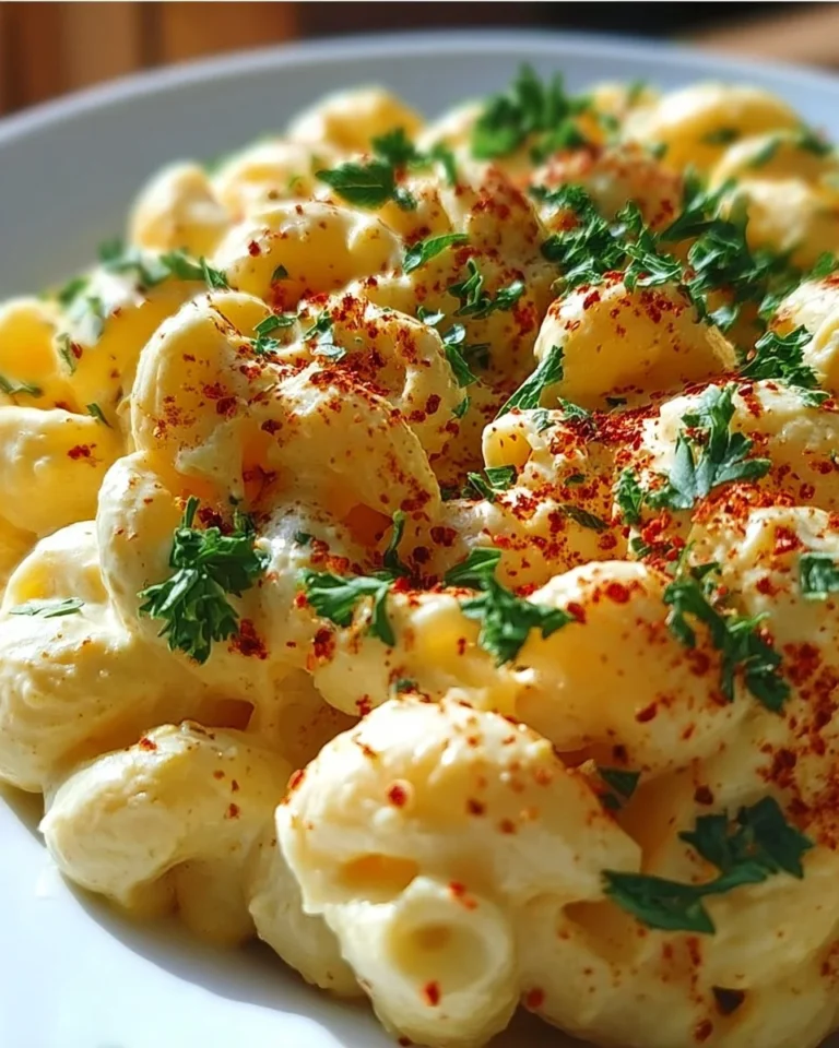 Delicious deviled egg macaroni salad served in a bowl