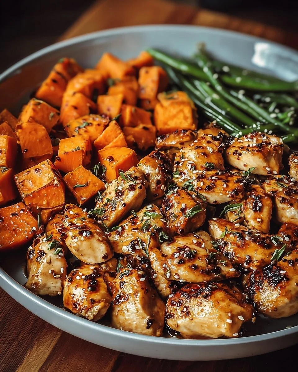 Delicious honey garlic chicken served with sweet potato for dinner