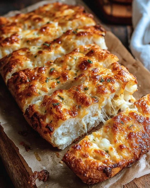 Homemade easy cheesy bread with melted cheese and herbs on top