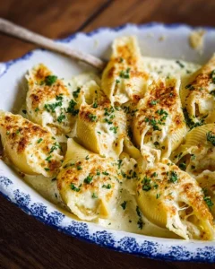 Delicious Easy Chicken Alfredo Stuffed Shells with creamy sauce and chicken.