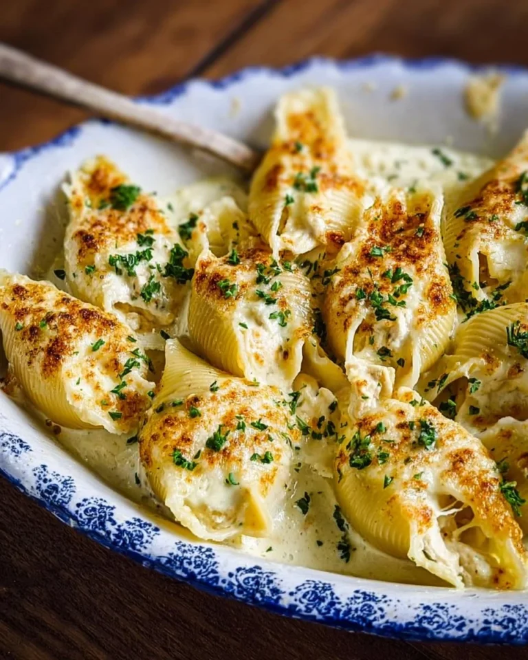 Delicious Easy Chicken Alfredo Stuffed Shells with creamy sauce and chicken.