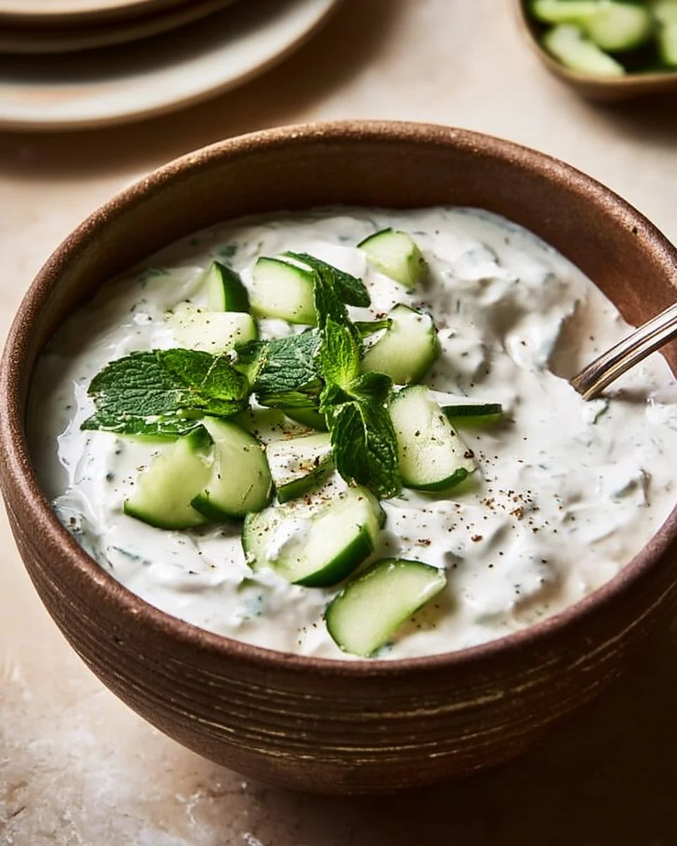 Delicious cucumber mint raita served in a bowl with fresh mint leaves.