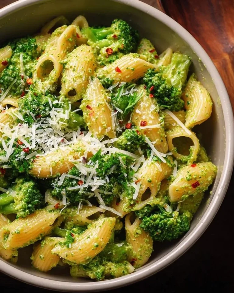 Bowl of easy healthy broccoli pasta with olive oil and garlic garnished with parmesan cheese.