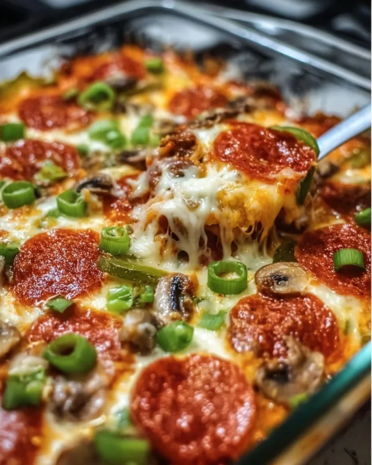Delicious easy low carb pizza casserole served on a plate
