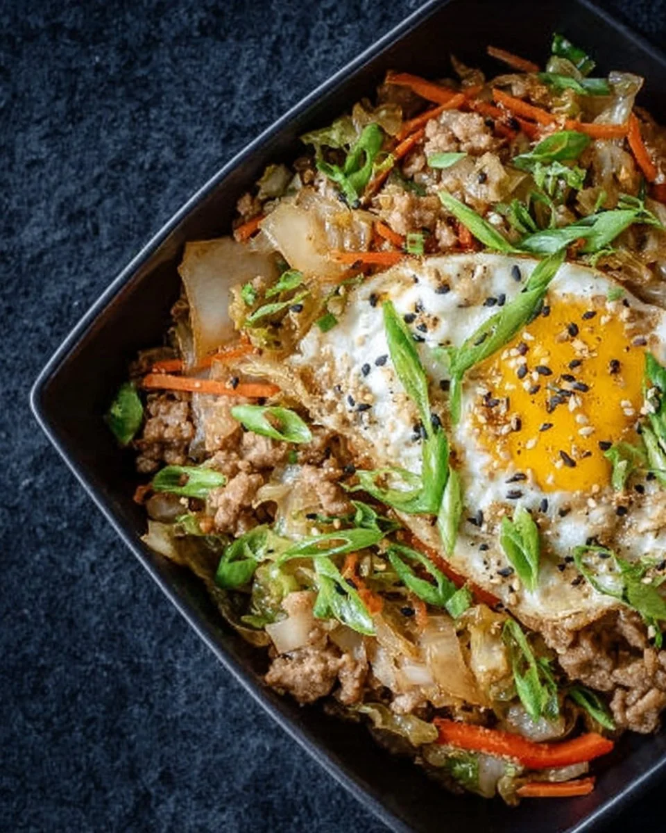 Egg roll in a bowl recipe with colorful vegetables and savory meat