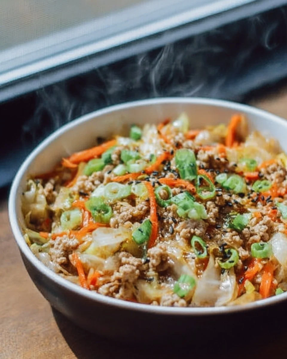 Delicious egg roll in a bowl with fresh vegetables and savory sauce