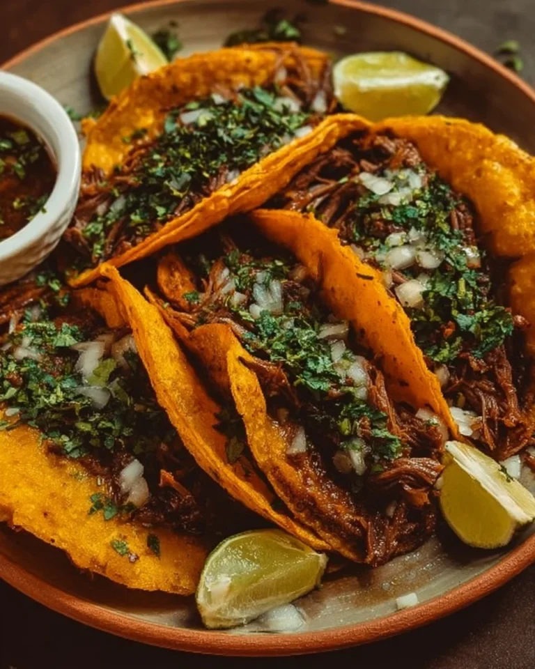 Plate of delicious and authentic Birria Tacos with consommé for dipping