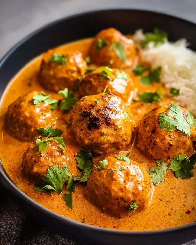 Flavor-packed butter chicken meatballs served on a plate with sauce and garnishes.