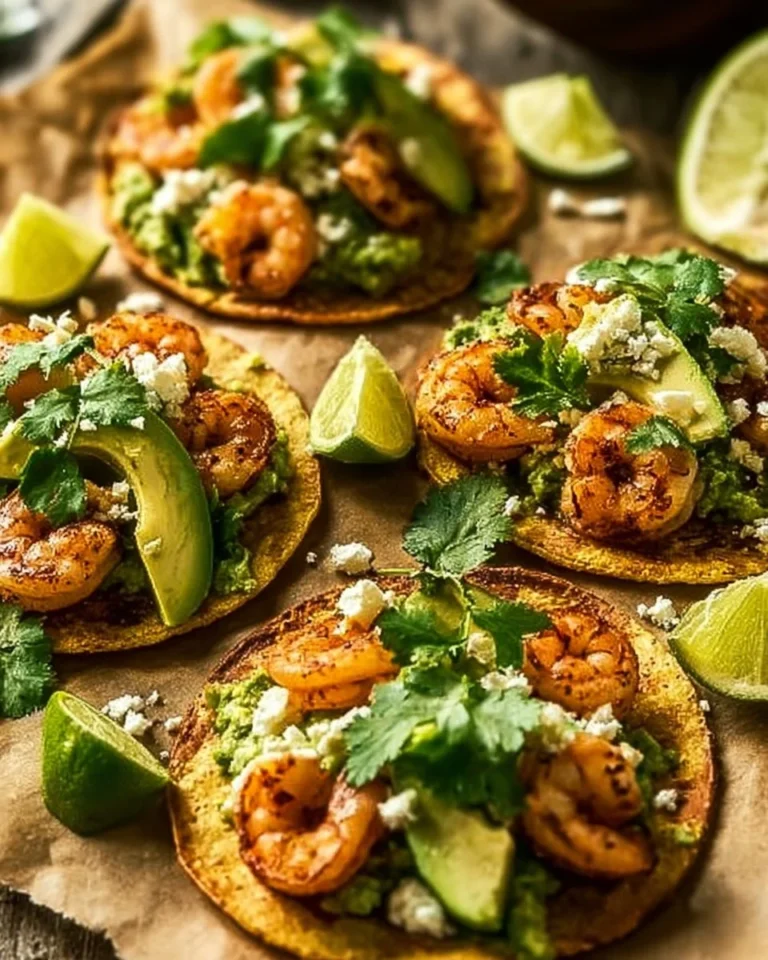 Flavorful crispy shrimp tostadas topped with fresh vegetables and sauces
