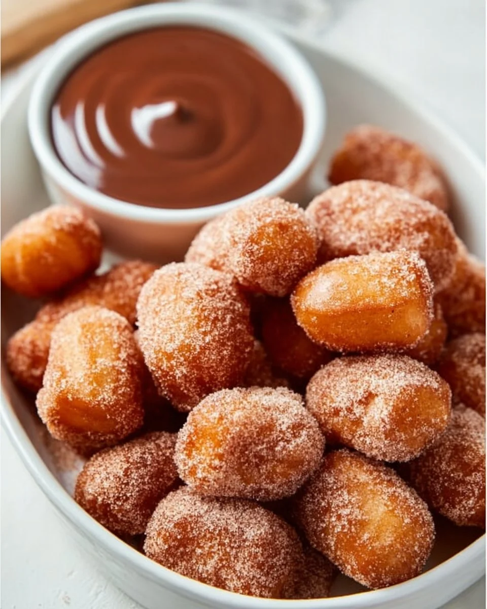 Fluffy air fryer churro bites served with chocolate dipping sauce