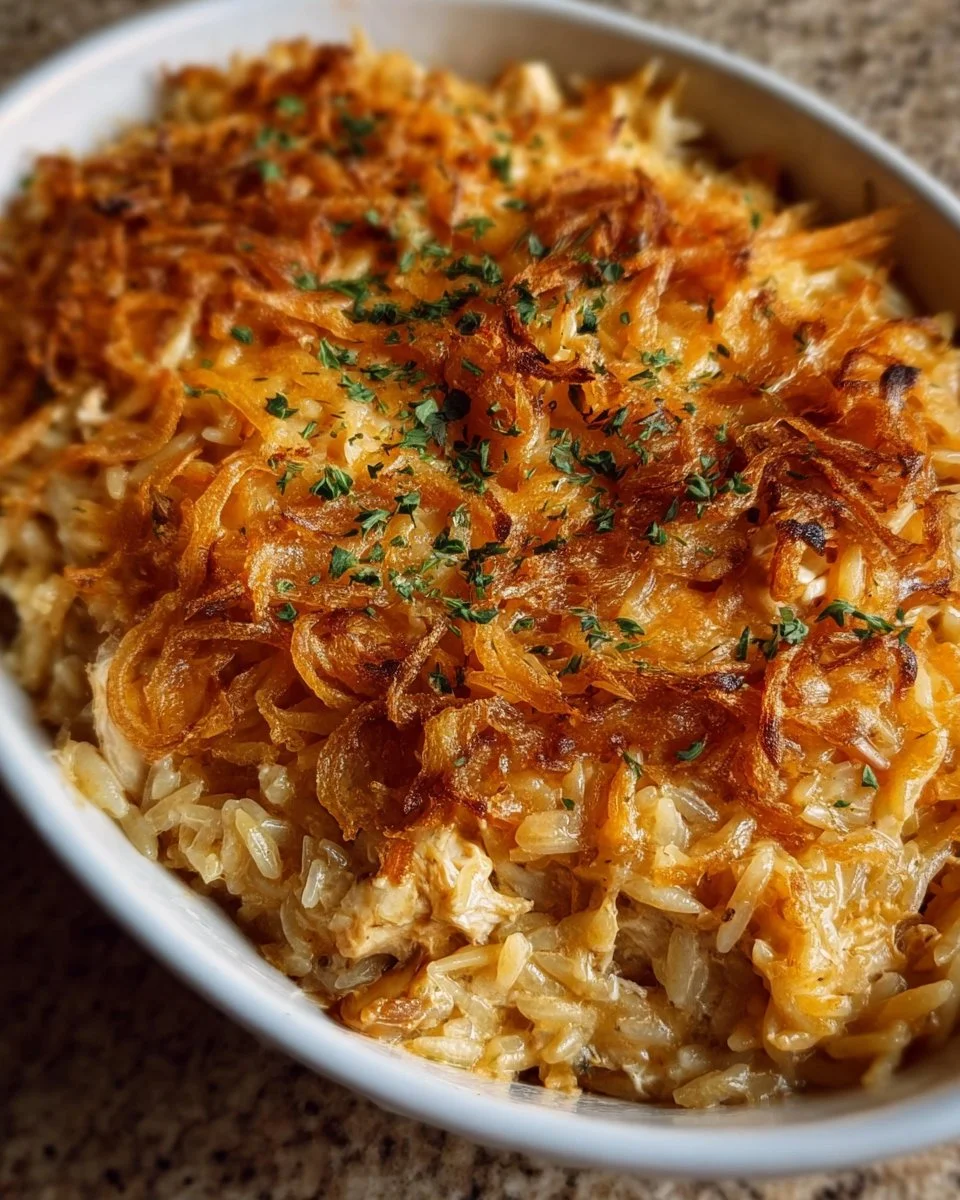 French onion chicken orzo casserole topped with melted cheese and herbs