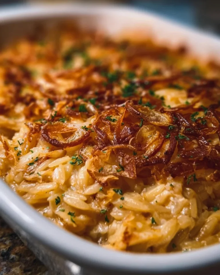 French Onion Chicken Orzo Casserole topped with melted cheese