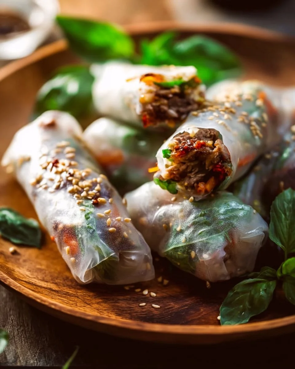 Fresh lemongrass beef spring rolls with fresh vegetables and herbs
