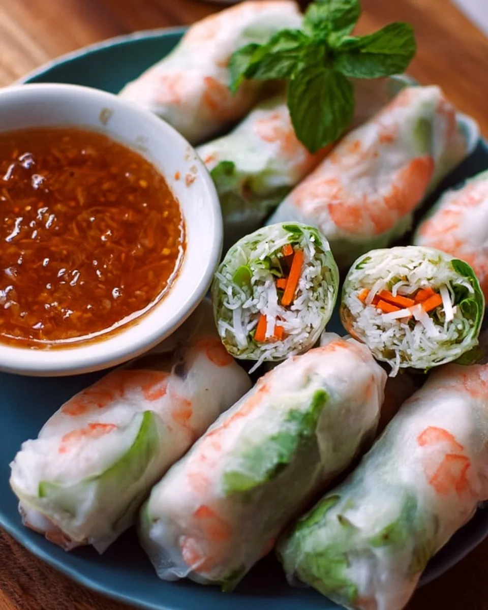 Delicious Fresh Vietnamese Spring Rolls displayed on a plate with dipping sauce
