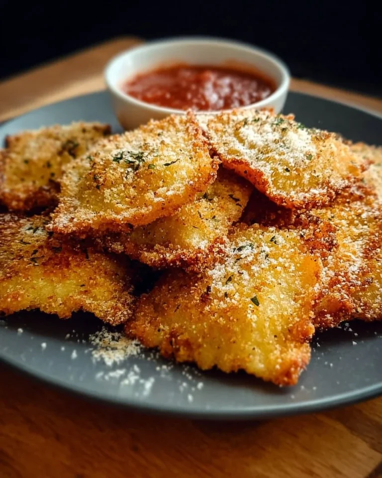 Golden fried ravioli served with marinara sauce on a plate.