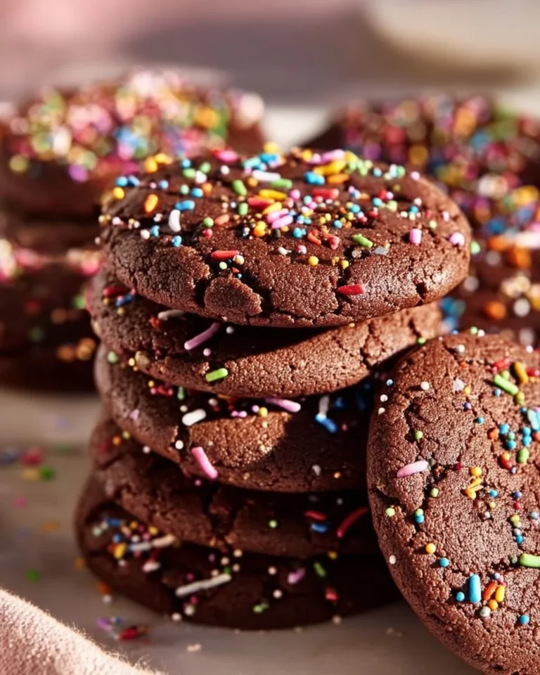 Fudgy cosmic brownie cookies topped with colorful sprinkles on a plate.
