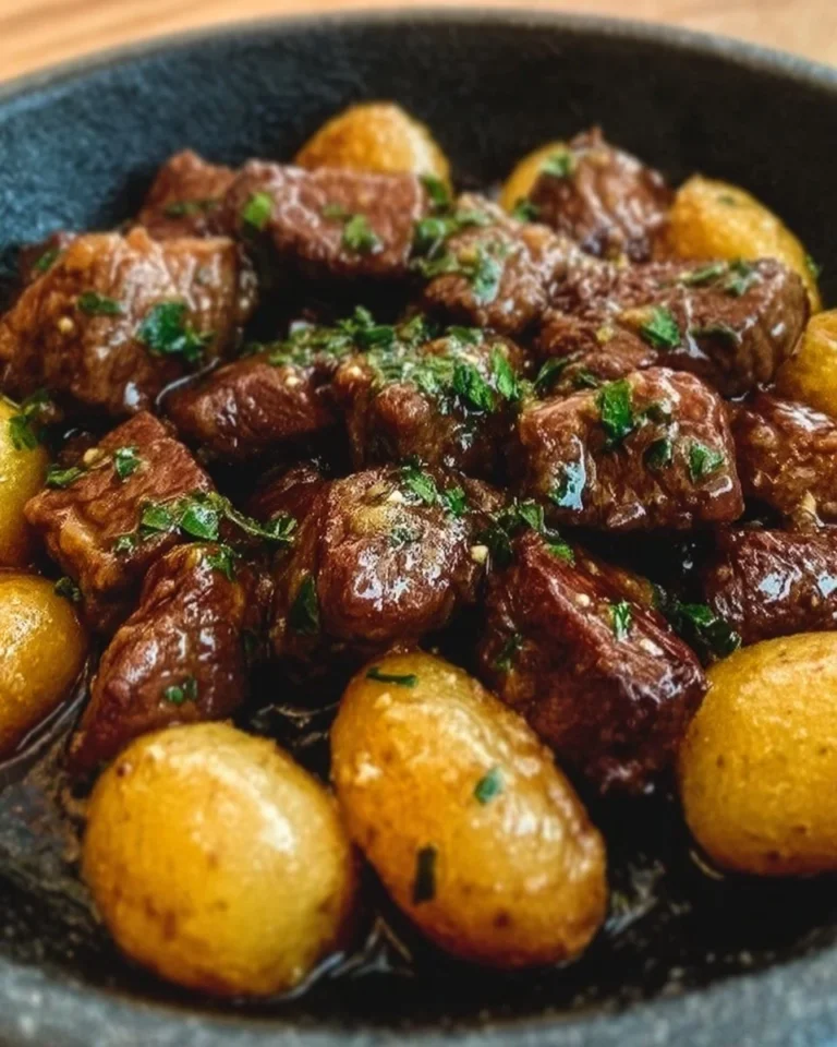 Delicious garlic butter beef bites served with golden potatoes.