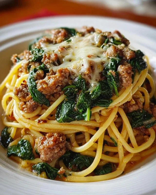 Garlic Butter Spaghetti with Cheesy Italian Sausage and Spinach in a bowl