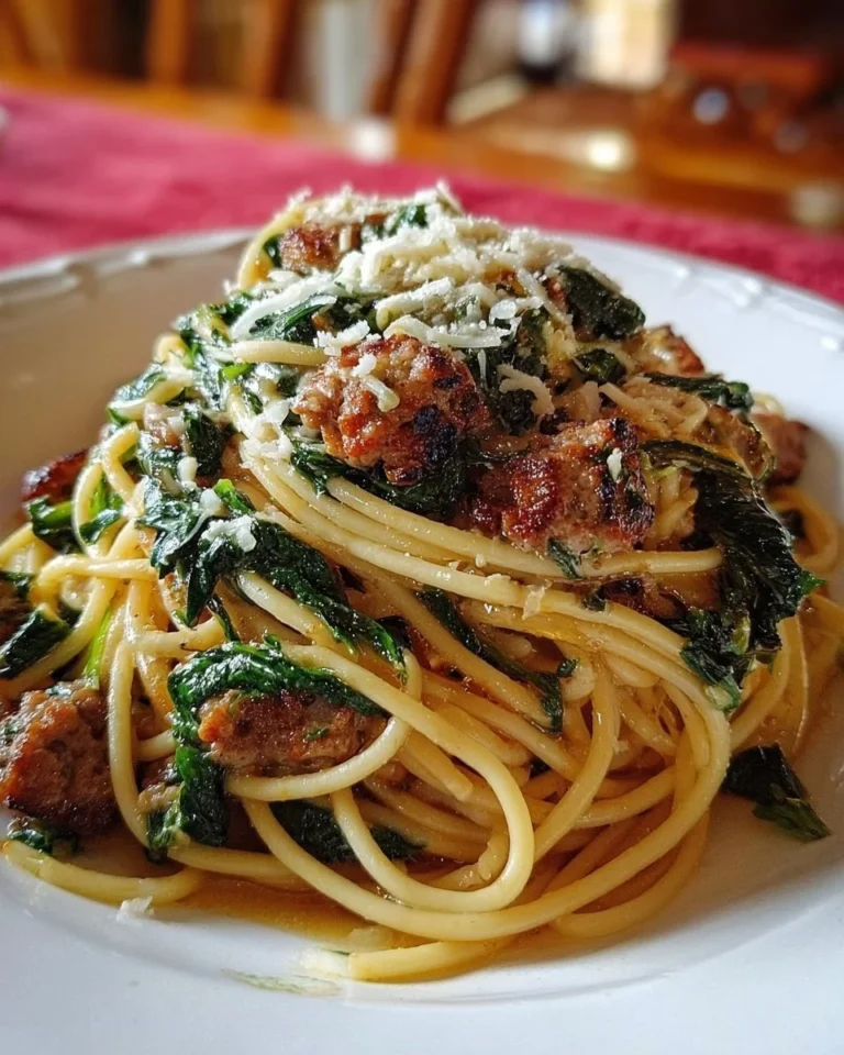 Garlic Butter Spaghetti with Italian sausage and spinach in a bowl