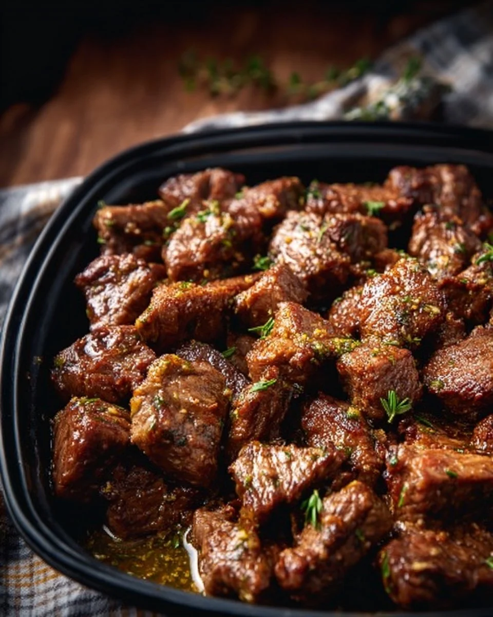 Delicious garlic butter steak bites served in a skillet, garnished with herbs.