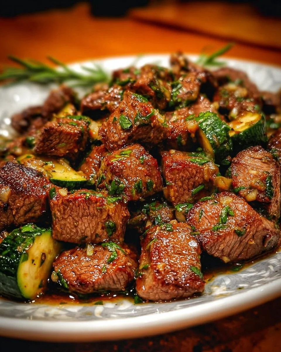 Delicious garlic butter steak bites served with fresh herbs and spices.