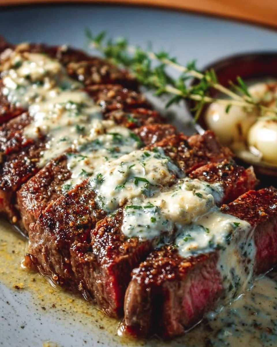 Garlic Butter Steak with Parmesan Cream Sauce on a plate garnished with herbs.