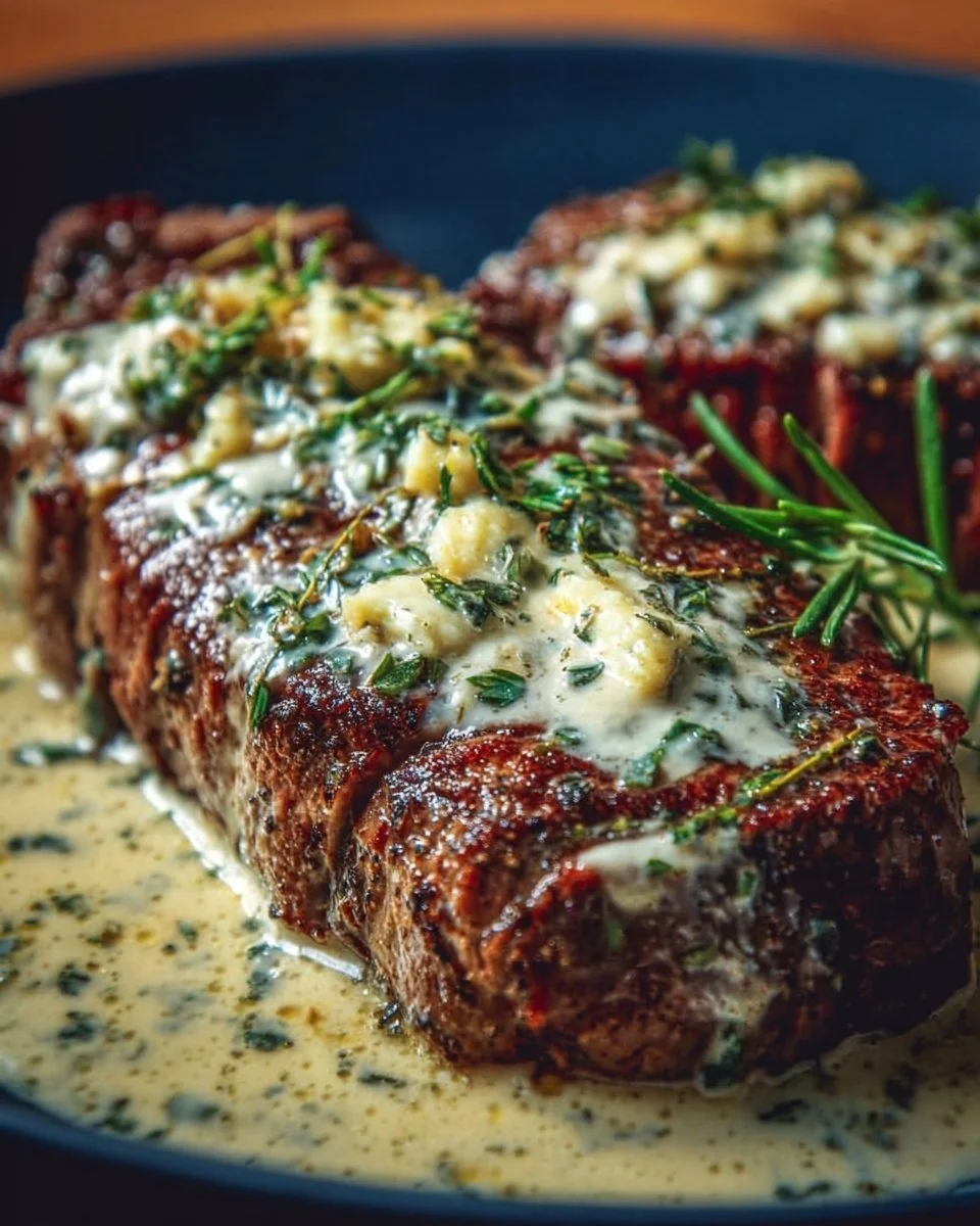 Garlic Butter Steak topped with creamy Parmesan sauce on a plate