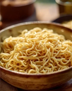 Plate of garlic buttered noodles garnished with herbs