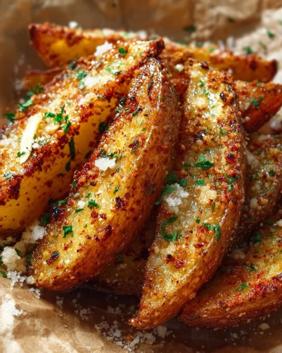 Crispy Garlic Parmesan Potato Wedges served on a plate