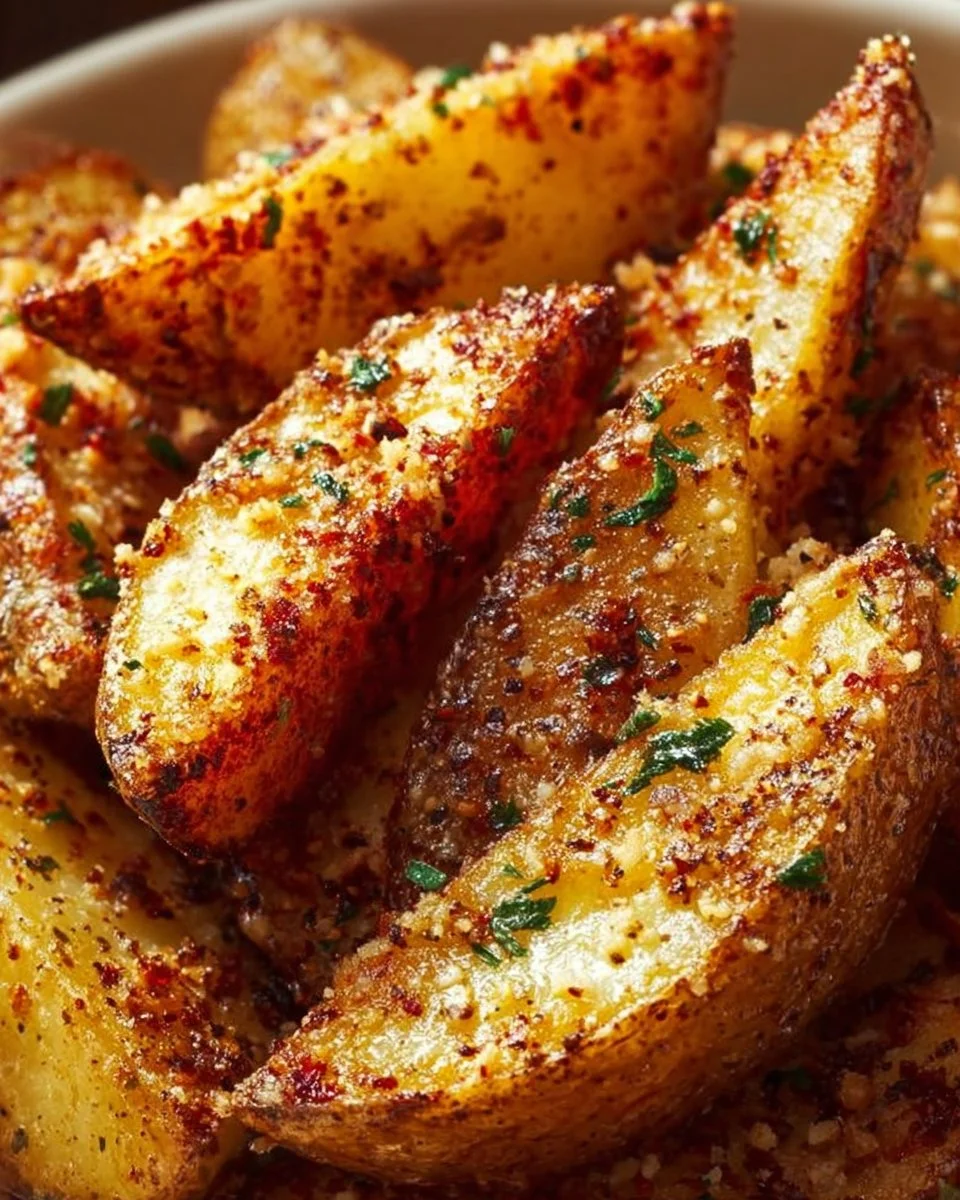 Crispy Garlic Parmesan Potato Wedges served on a plate