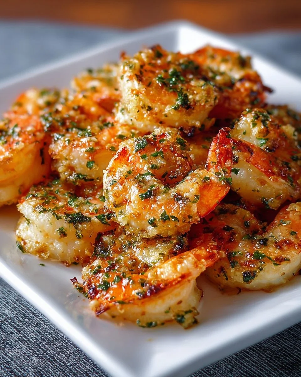 Crispy Garlic Parmesan Roasted Shrimp served on a plate with garnish.