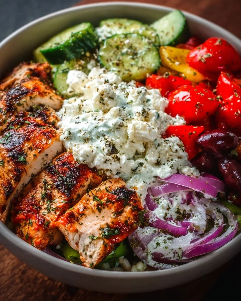 Delicious Greek Chicken Bowls with fresh vegetables and feta cheese