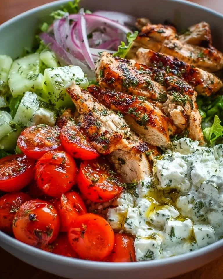 Delicious Greek Chicken Bowls with fresh vegetables and tzatziki sauce