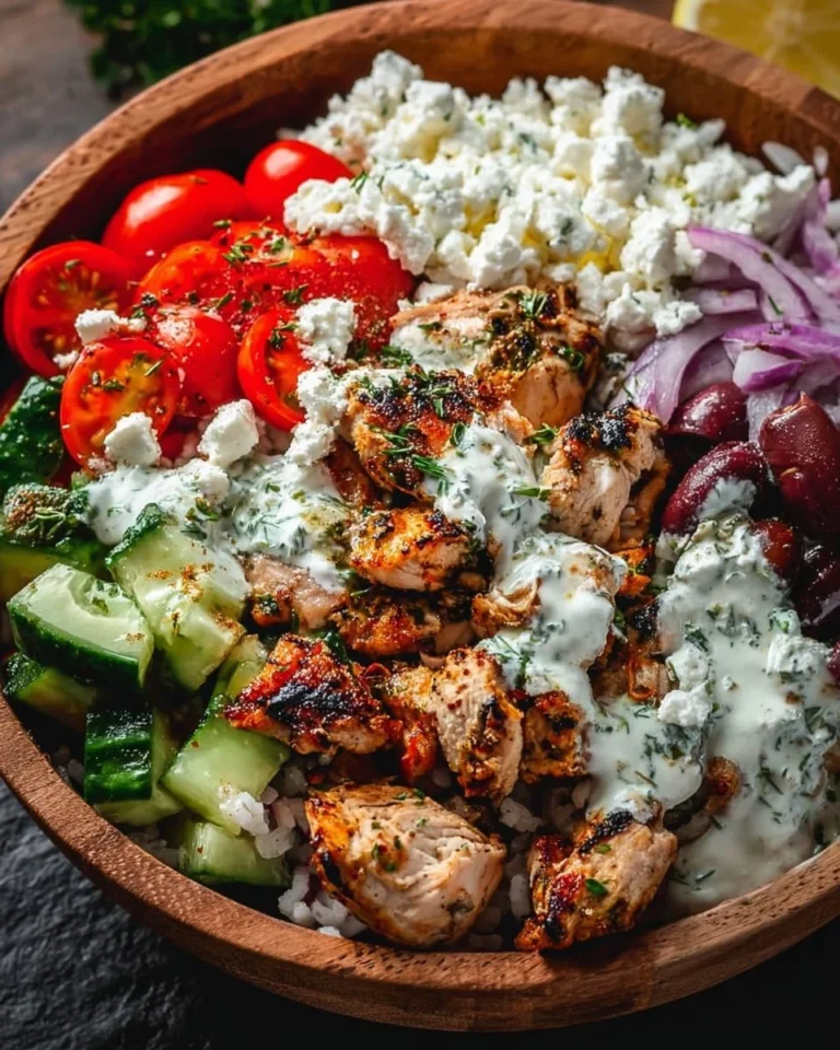 Delicious Greek Chicken Bowl topped with fresh vegetables and herbs