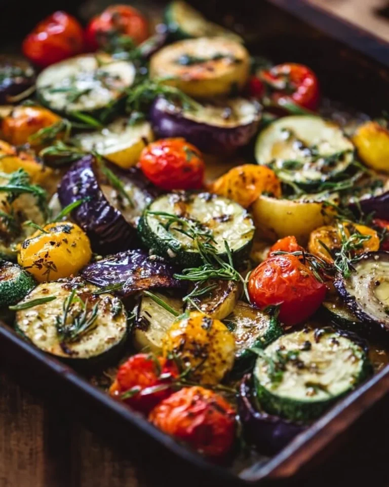 Dish of Greek roasted vegetables featuring colorful bell peppers, zucchini, and herbs.