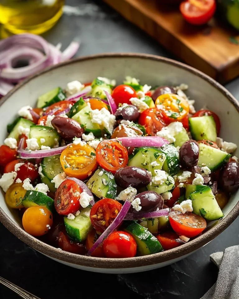 Fresh Greek salad featuring tomatoes, cucumbers, olives, and feta cheese