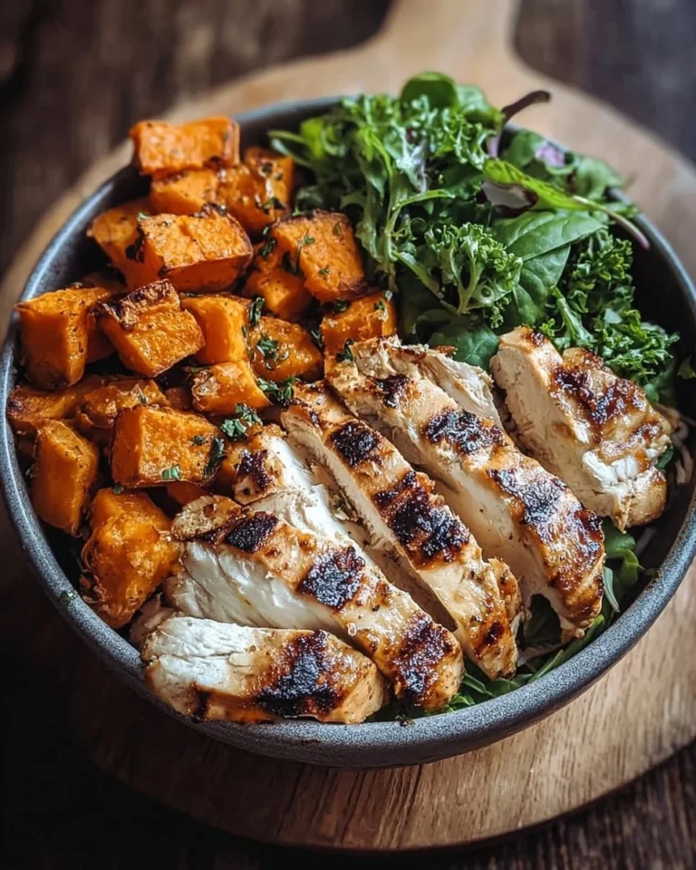 Grilled chicken and sweet potato bowl served in a vibrant dish