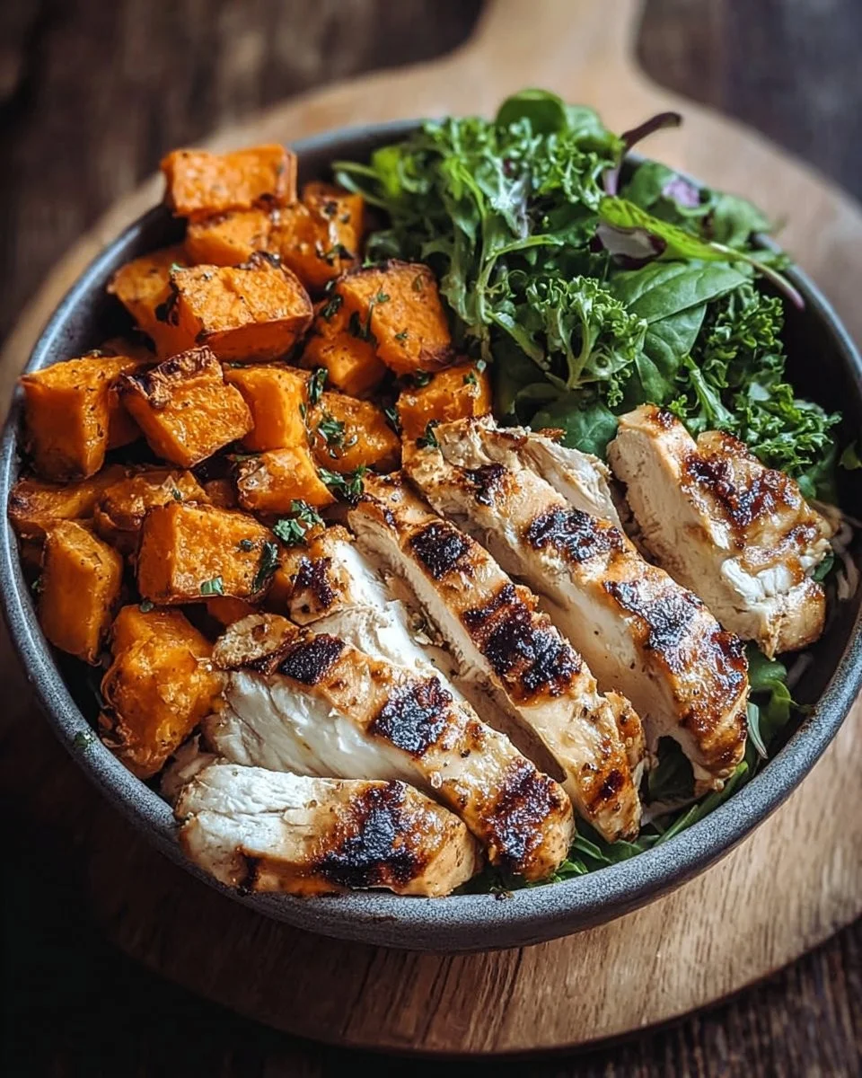 Grilled chicken and sweet potato bowl served in a vibrant dish