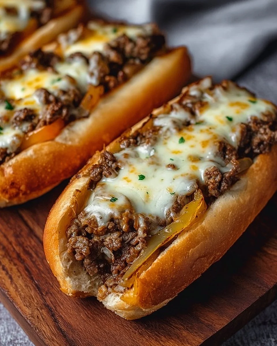 Delicious Ground Beef Philly Cheesesteaks served with melted cheese and fresh toppings.