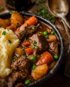 Delicious Guinness beef stew simmering in a pot with vegetables and herbs.