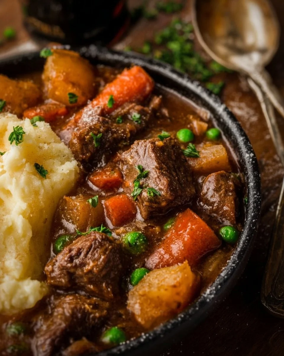 Delicious Guinness beef stew simmering in a pot with vegetables and herbs.