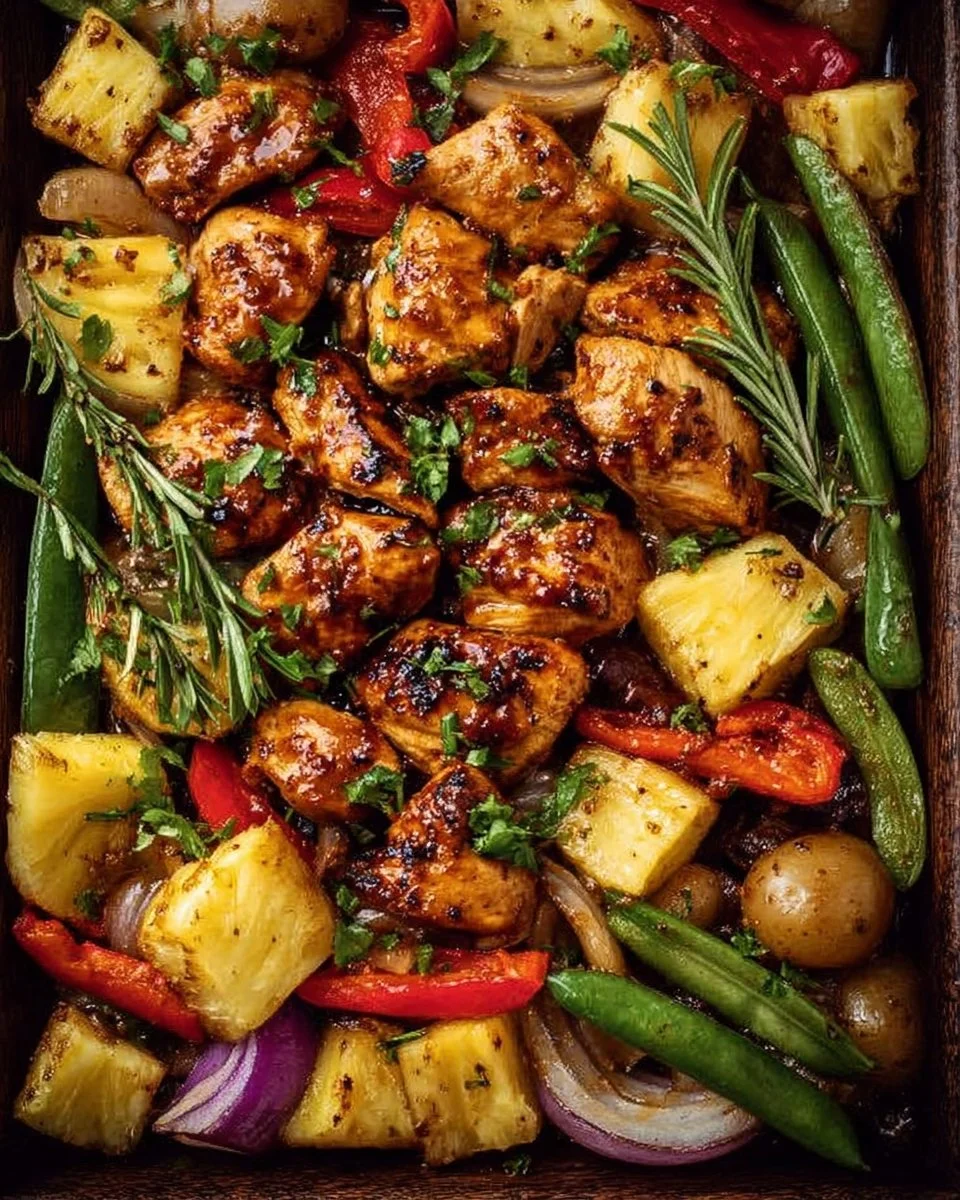 Hawaiian Chicken Sheet Pan with colorful vegetables and pineapple glaze