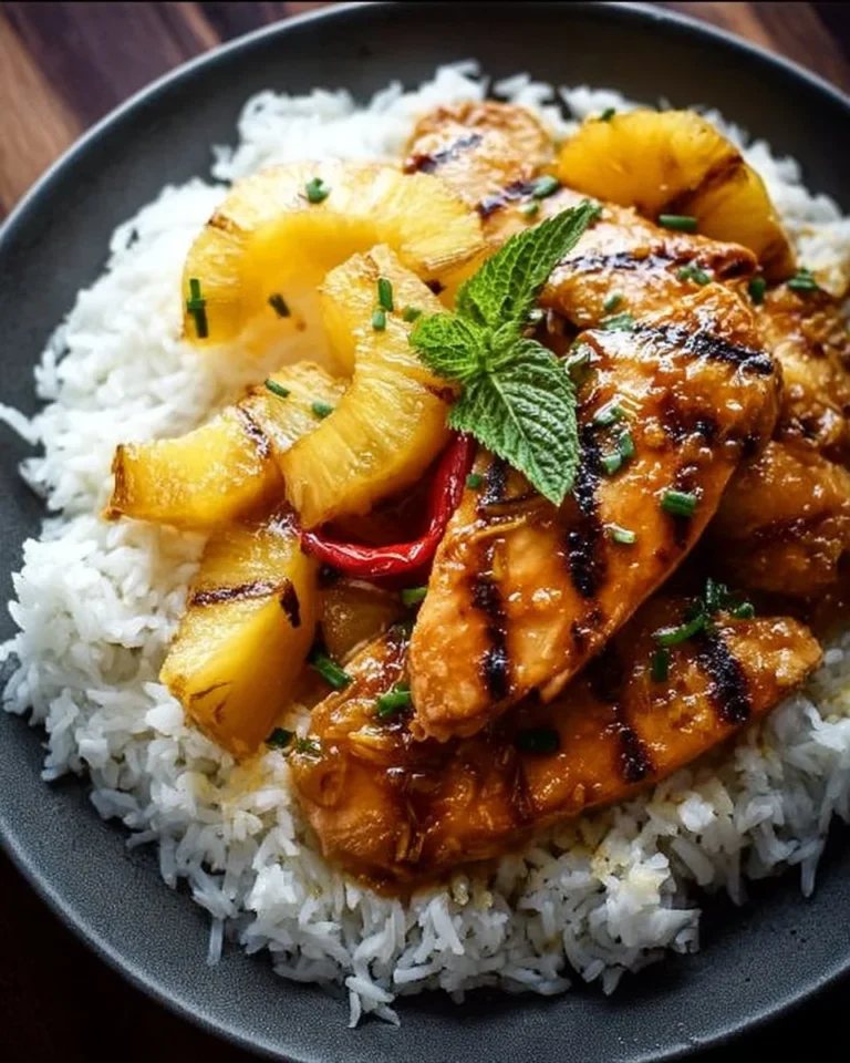 Hawaiian Chicken served with pineapple and coconut rice on a plate