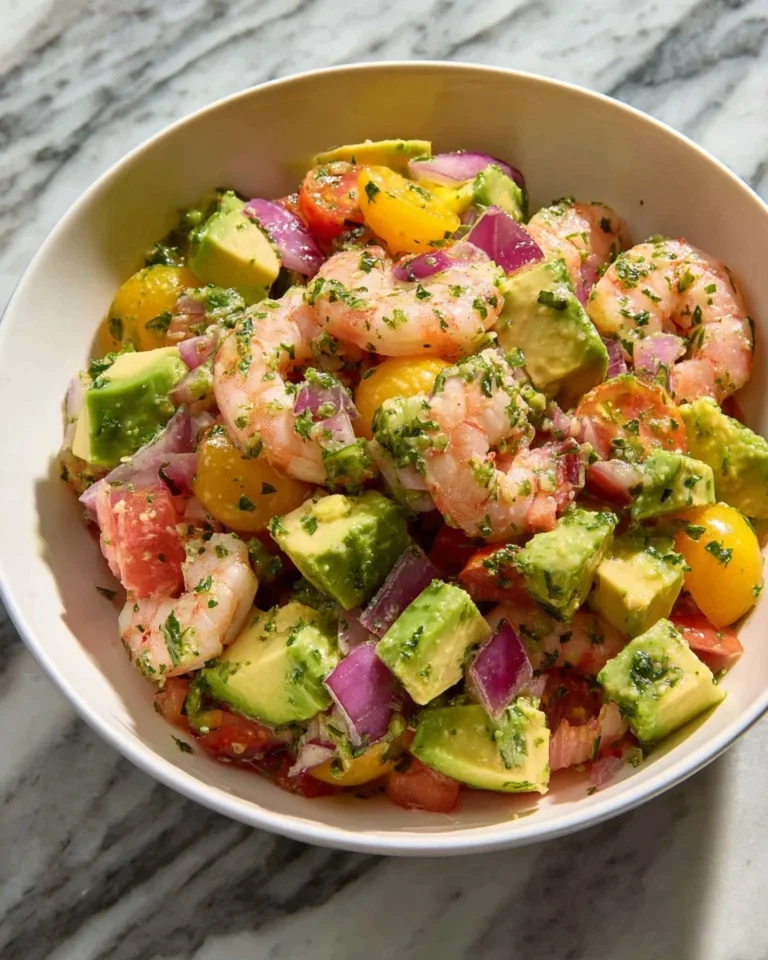 Healthy shrimp avocado salad with fresh ingredients and vibrant colors.