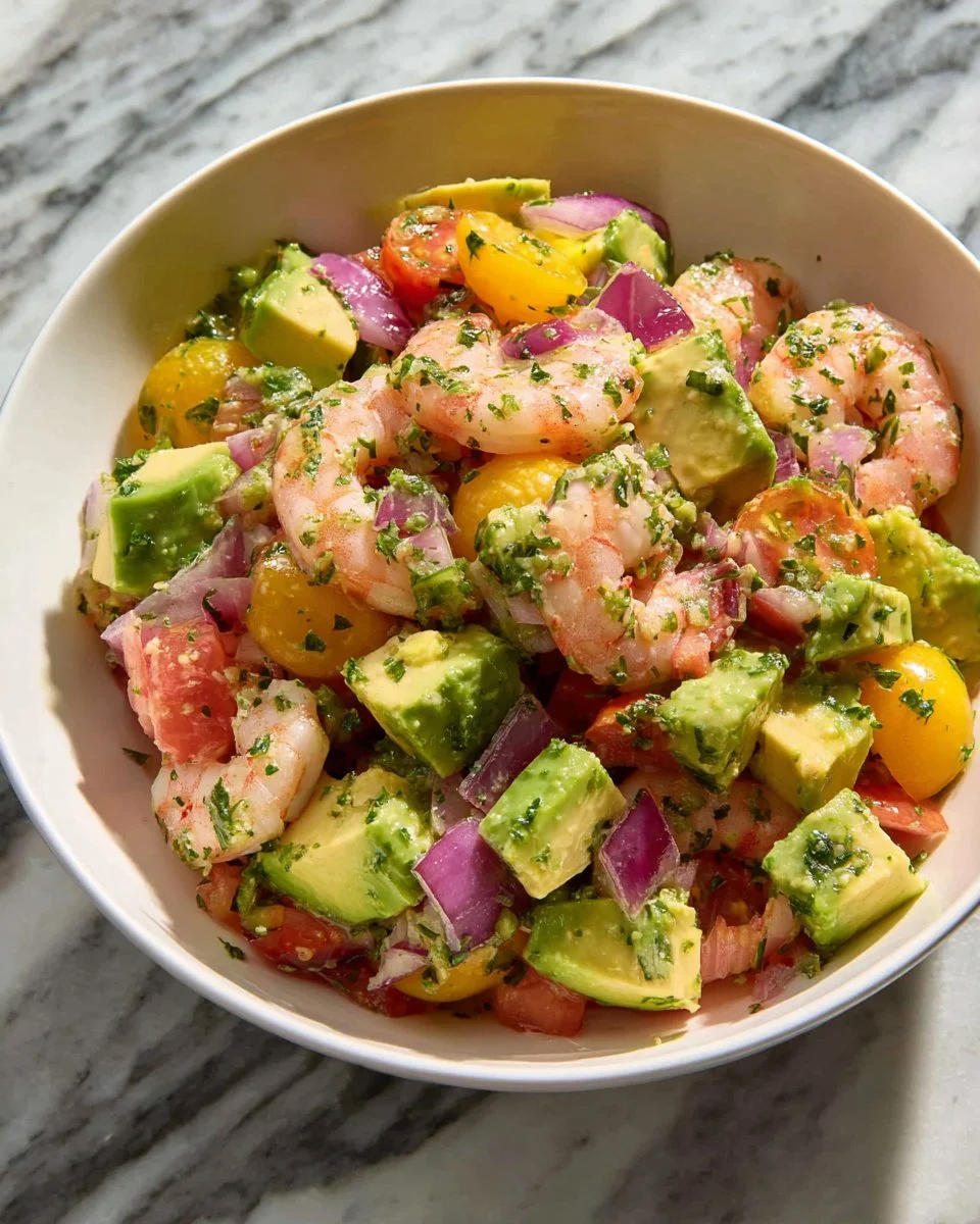 Healthy shrimp avocado salad with fresh ingredients and vibrant colors.