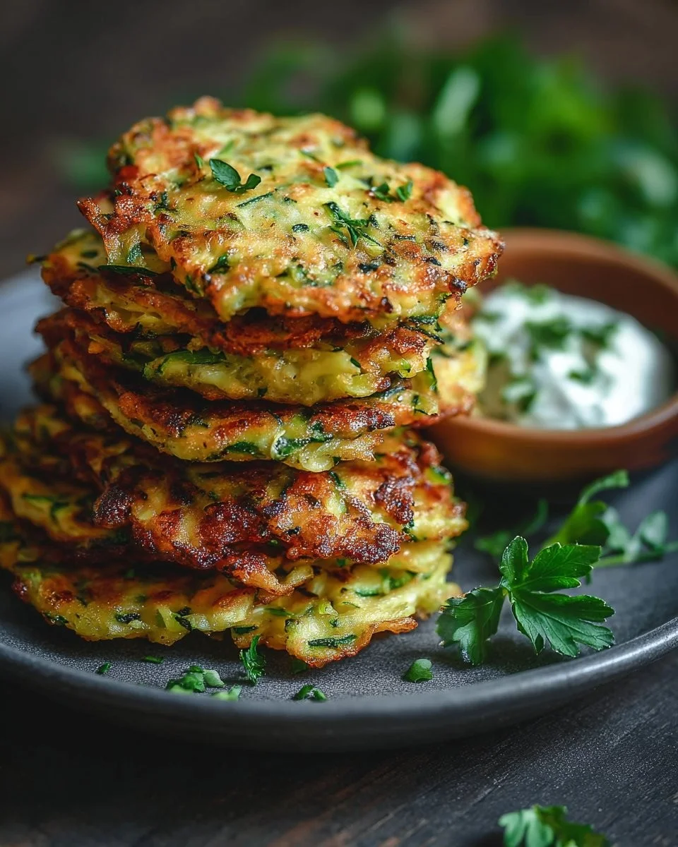 Plate of healthy zucchini fritters served as a side dish