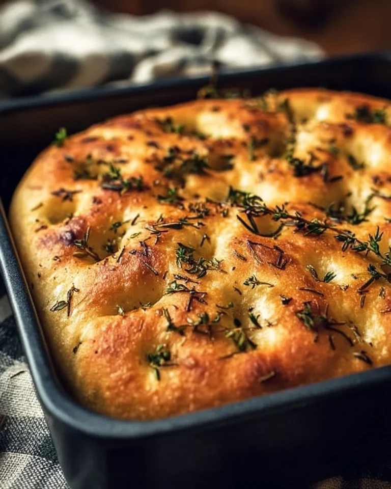Freshly baked Herb Focaccia bread with sprigs of rosemary and thyme