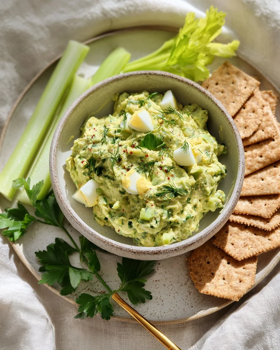 Herby avocado egg salad served in a bowl with fresh herbs and spices