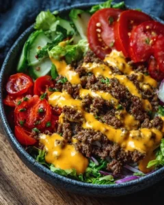 High-protein cheeseburger bowl with ground beef and burger sauce