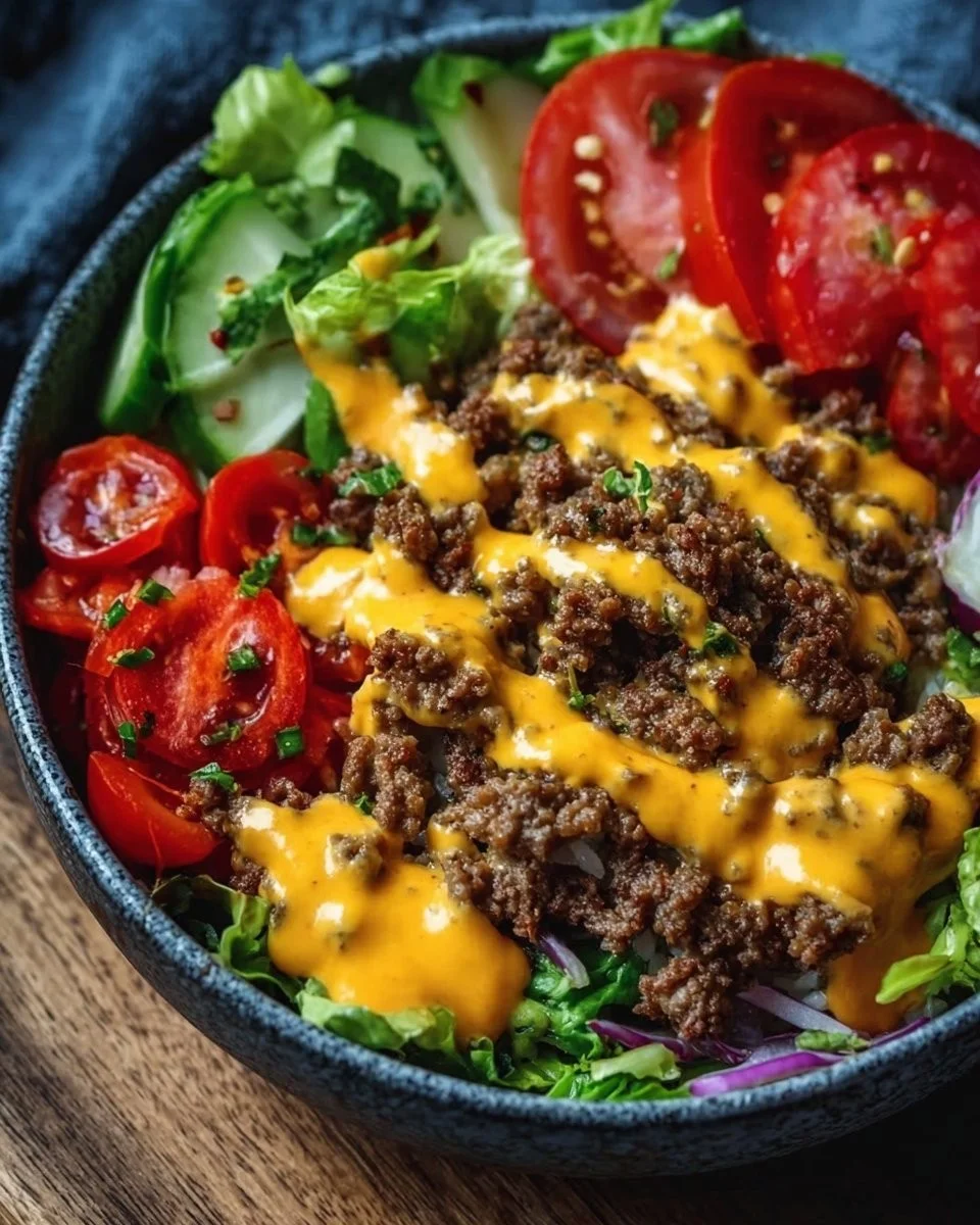 High-protein cheeseburger bowl with ground beef and burger sauce